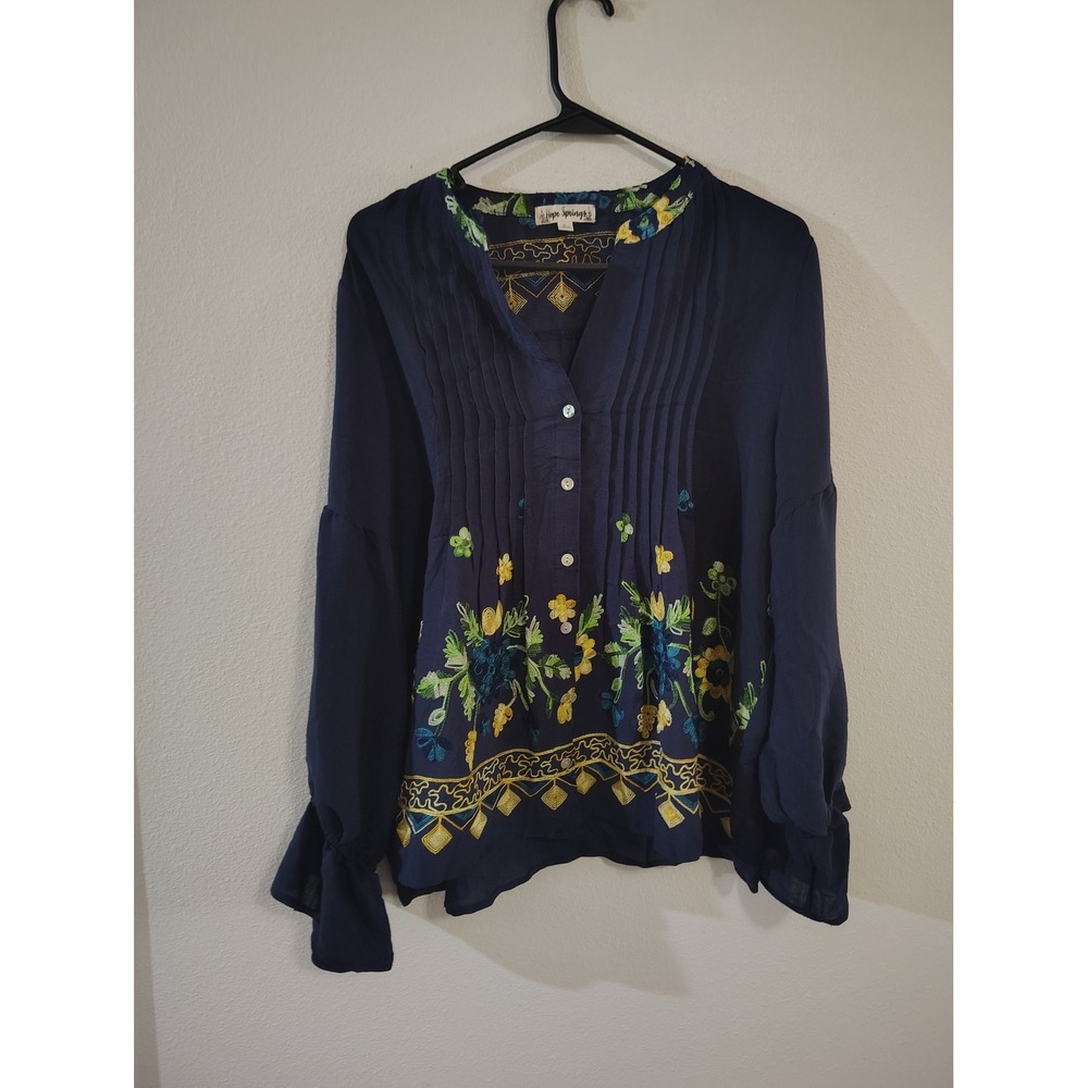 Hope Springs Navy Blue Embroidered Boho Blouse Long Bell Sleeve Pintuck Top L